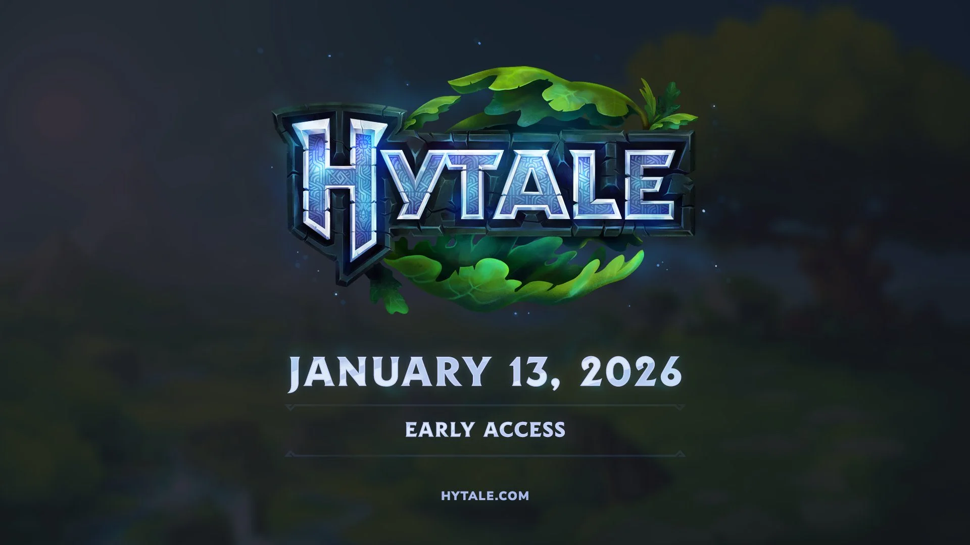 Hytale official logo with a release date banner underneath, set against a vibrant landscape of Orbis